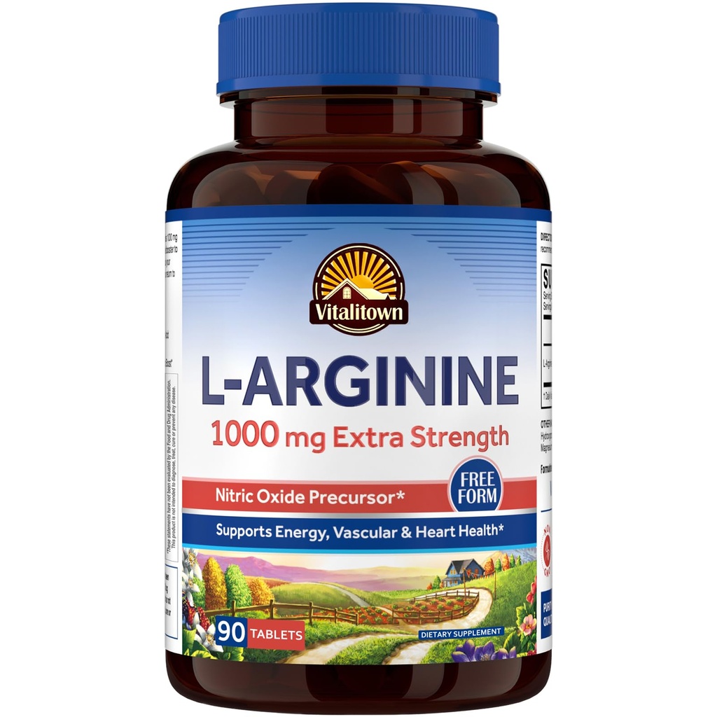Vitalitown L-Arginina per uomini e donne, 1000 mg, Nitric Oxide Booster Supplementi, Senza glutine, Non OGM, Endurance, Allenamento, Supporto per il flusso sanguigno, 90 compresse