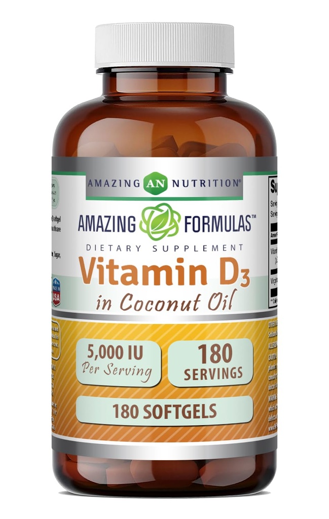 Stupefacente formula vitamina D3 con olio di cocco Supplemento | 5000 IU Per Serving | 180 Softgels | Non-GMO | Gluten Free | Made in USA
