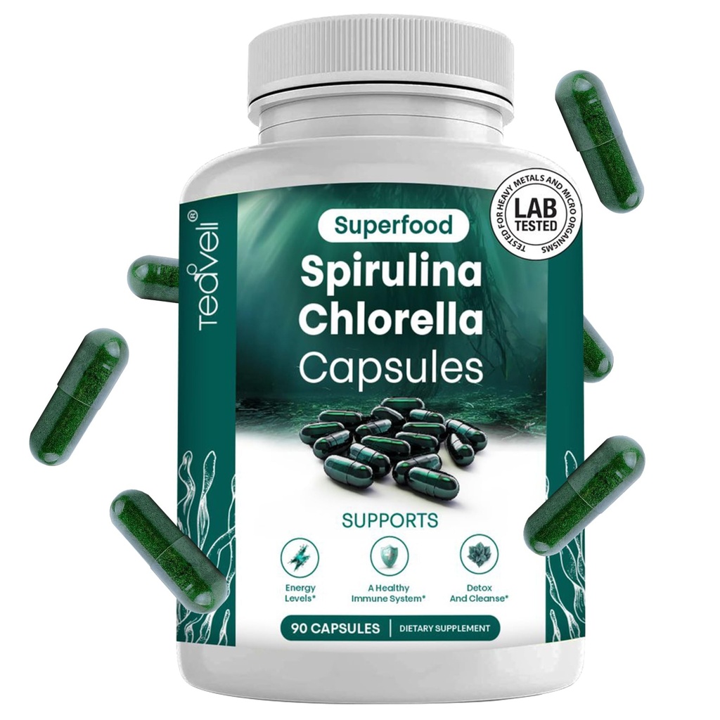 Spirulina e capsule di clorella – Pillole di clorofilla e alghe verdi blu per sostenere potente disintossicazione, energia e un sistema immunitario sano – 3X più clorella Spirulina polvere/Serving – 90 Ct