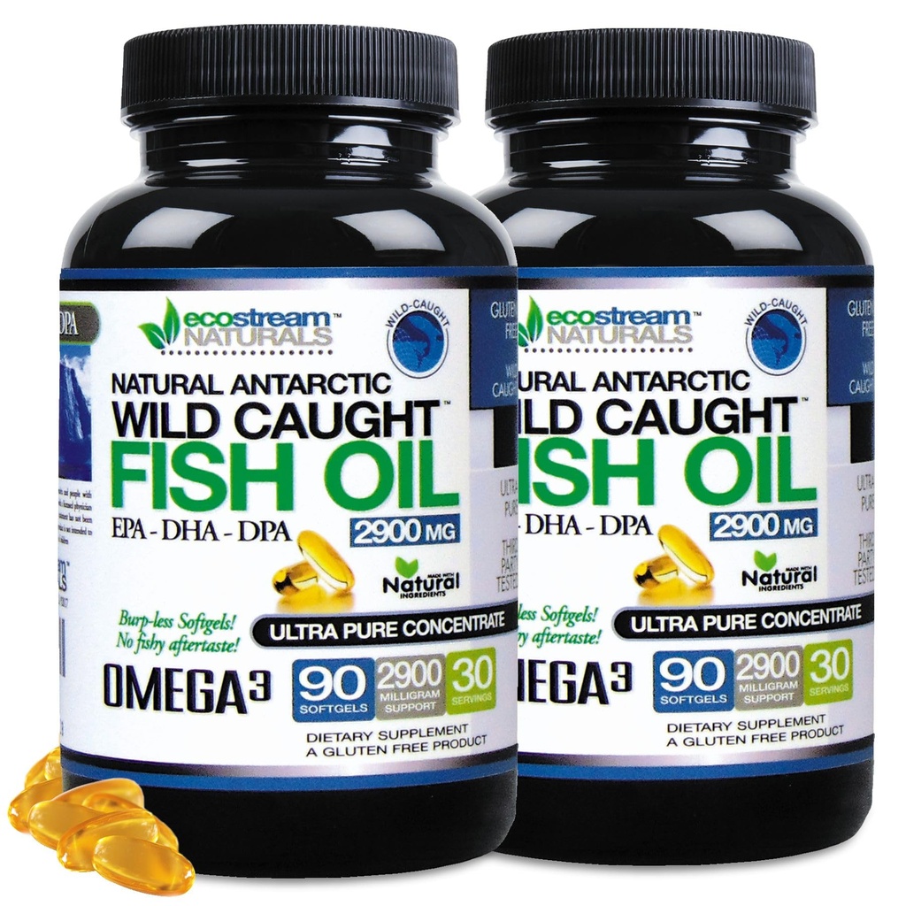 (Pack of 2) Natural Antarctic Wild Caught Omega 3 Fish Oil DPA-EPA-DHA Supplemento 2,900 Milligrams Triple Strength Ultra Pure Concentrated SoftGels - No Fish Tasting Burps