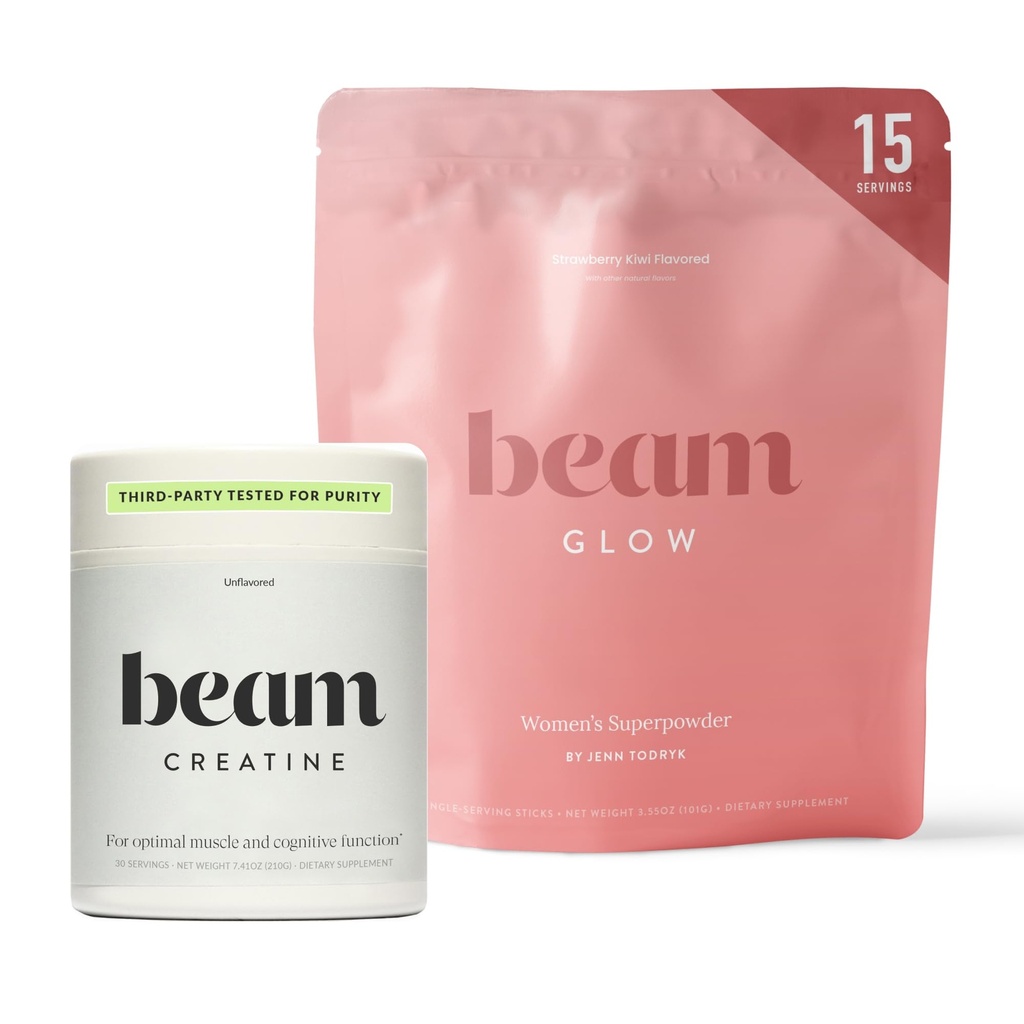 Beam Glow & Creatine Bundle, bilanciamento dell'ormone, supporto energetico e muscolare per le donne, capelli, pelle, unghie, idratazione, vegan, senza zucchero, terza parte testata