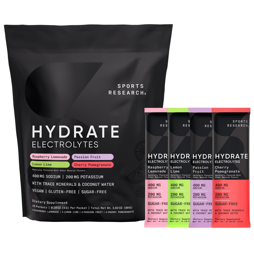 Imballati in polvere per elettroliti Hydrate Sports Research® - senza zucchero e naturalmente aromatizzati con vitamine, minerali e acqua di cocco - Supporta l'idratazione - 16 confezioni - Varietà