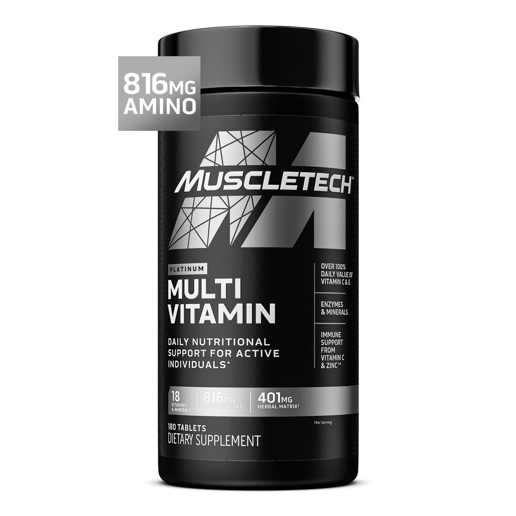 Muscletech Platinum Multivitaminici per Uomini e Donne - Integratore Multi-Vitamina per Supporto Immune - 18 Vitamine & Minerali, Vitamina A C D E B6 B12 - Supplementi di allenamento giornalieri per gli uomini - 180 Capsule