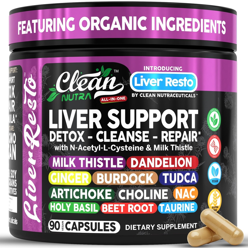 Clean Nutraceuticals Detox & Repair | Latte Thistle Supplement + NAC, TUDCA, Dandelion Root, Artichoke, Choline, Ginger, Beet Root, Burdock, Taurine, Liver Support 90 Capsule