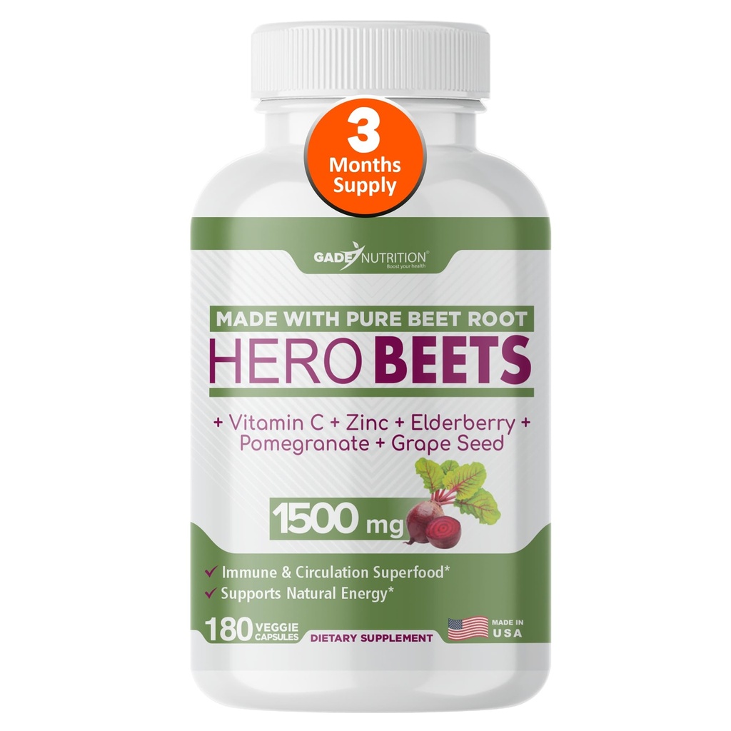 Gade Nutrition Hero Beets - Beet Root Capsule 1500mg - Organic Beet Root Powder + Vitamina C Zinc, Elderberry, Pomegranate, Seed Extract - 3 Mesi di alimentazione