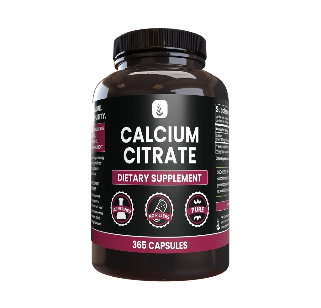 Ingredienti originali puri Citrato di calcio (365 capsule), nessun filler di magnesio o di riso, sempre puro, verificato di laboratorio