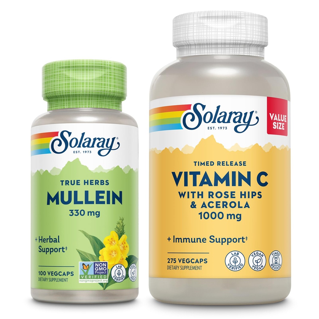 SOLARAY Vitamina C 1000mg e Mullein Leaf Wellness Bundle - Time Release Vitamin C Supplemento e Mullein Capsule, tradizionalmente utilizzati per il supporto benessere - Vegan, 60-Day Garanzia, 275/100 VegCaps