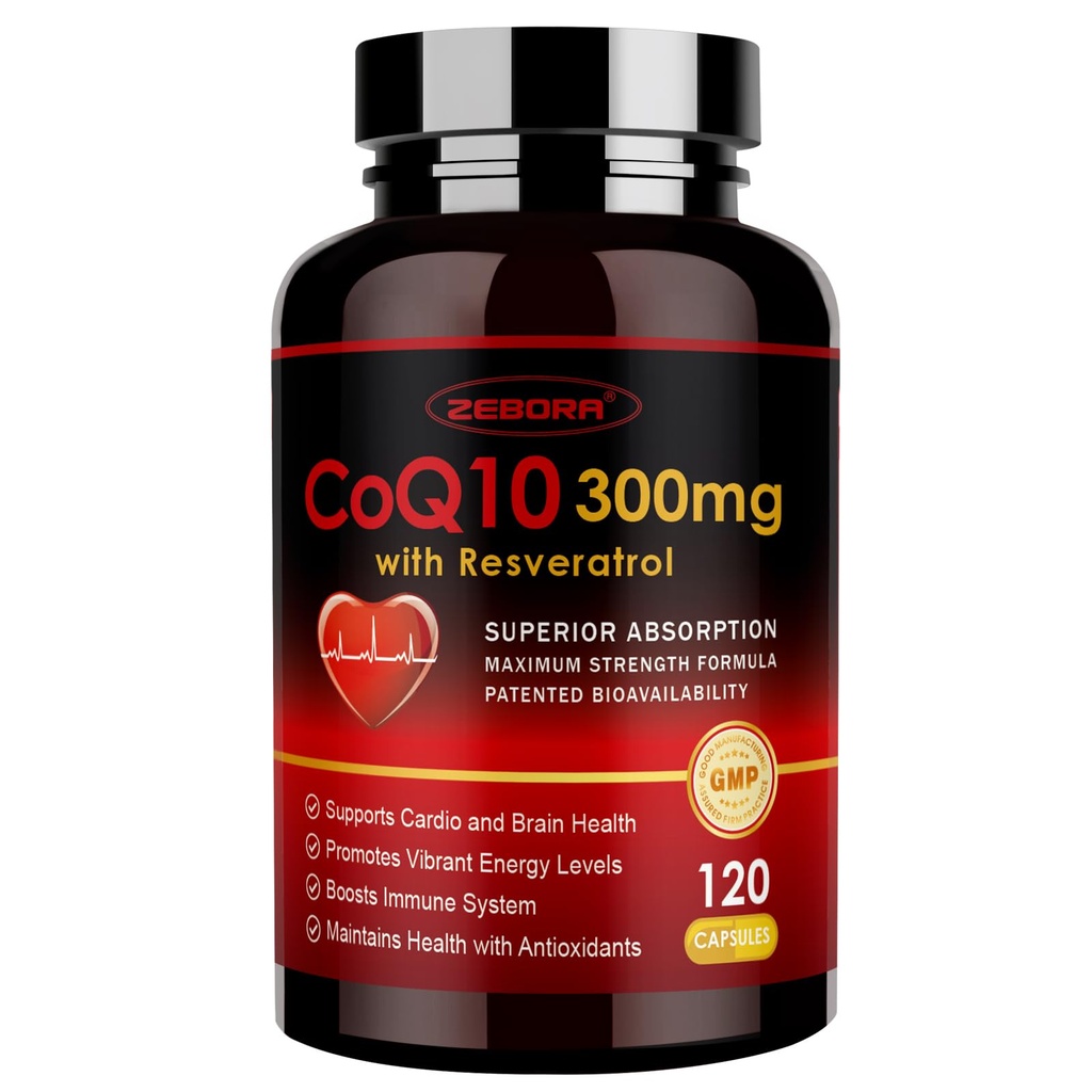ZEBORA CoQ10-300mg con Trans-Resveratrolo, PQQ & Vitamina E - Alto assorbimento Coenzima-Q10 con BioPerine - potente antiossidante per il cuore e la produzione di energia, 120 capsule vegetali