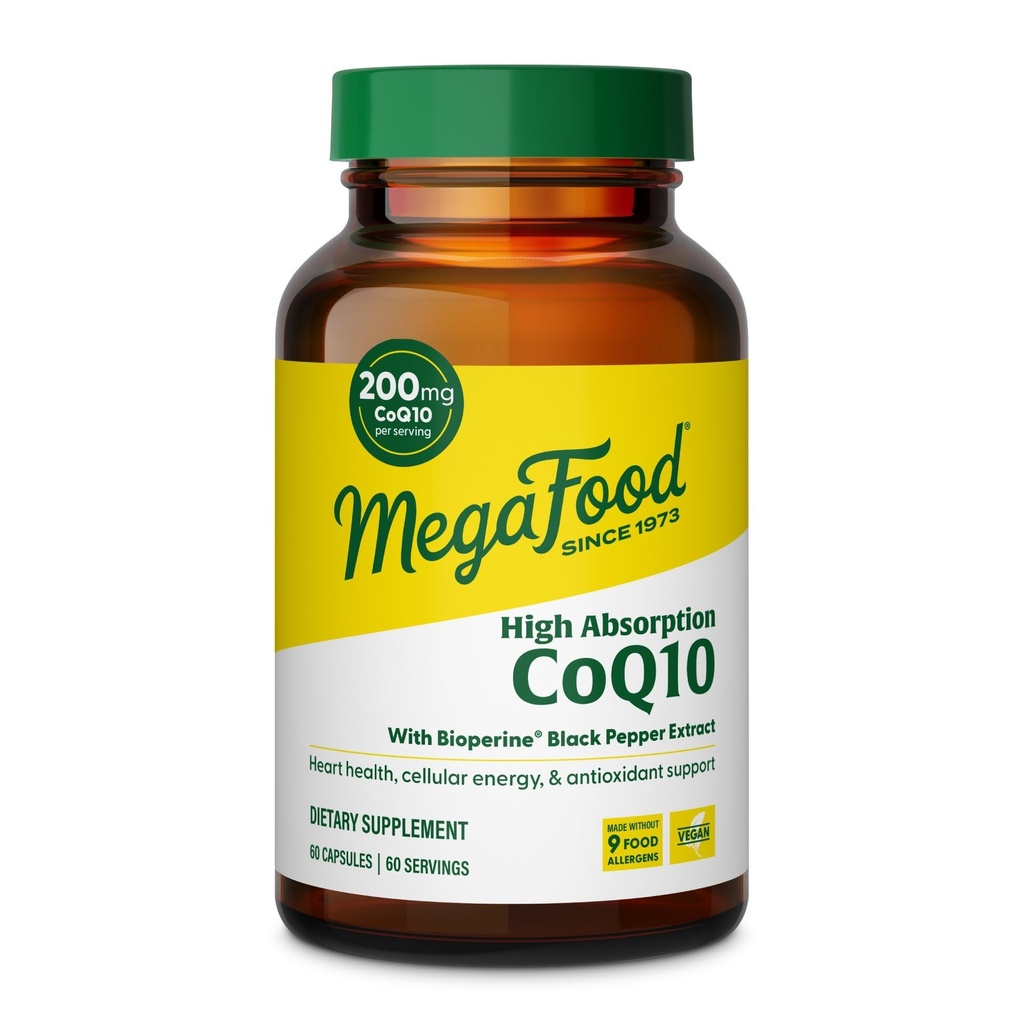 MegaFood High Absorption CoQ10 200mg Per Serving - con BioPerine Black Pepper Extract - Supporto antiossidante per l'energia cellulare e l'invecchiamento sano - 60 Integratori di salute del cuore Capsule, 60 Serve