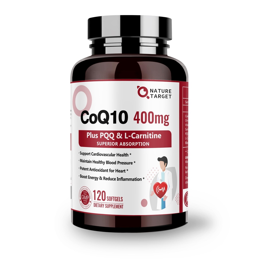 NATURA TARGET CoQ10-400mg con PQQ, Omega-3s & L-Carnitina, Coenzima ad alto assorbimento Q10 con BioPerine, Supporta Cuore, Cervello, Sistema immunitario, Produzione di energia, 120 Serve