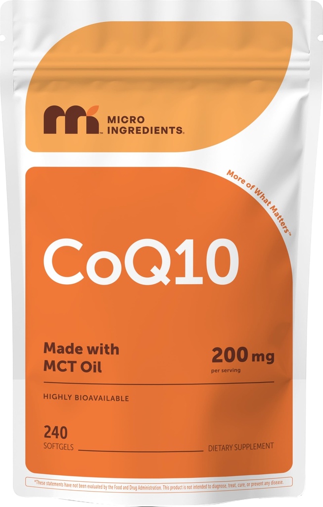 Micro Ingredienti CoQ10 200mg Per Serving, 240 Softgels | Realizzati con olio di cocco MCT | Coenzyme Q10 (Ubiquinone) | Non OGM