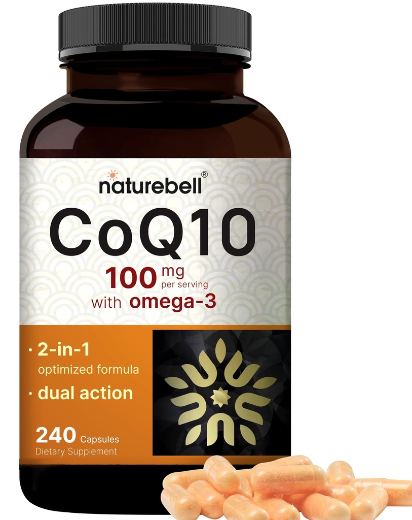 NatureBell CoQ10 100mg con Omega 3, 240 capsule | Forma di assorbimento stabile – Supporto antiossidante per la salute del cuore e dell'energia – Supplemento di Coenzyme Q10 Extra Forza