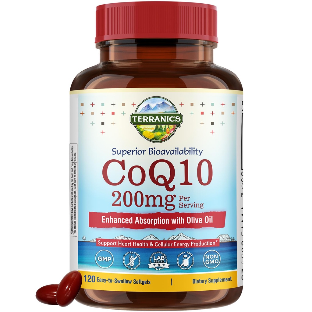 Terranics CoQ10 200mg, Coenzyme Q10 Integratore con Olio Extra Vergine di Oliva per Assorbimento Migliorato, Made in USA, Supporta la salute del cuore, Protezione Antiossidante, Produzione Energetica, Non OGM, 120 Softgels