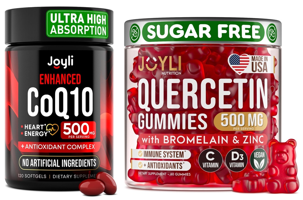 Quercetina con Bromelain & CoQ10 500mg Bundle – 120 Coenzyme Q10 Softgels + 60 Gummie di Quercetina senza zucchero con Zinco, Vitamina C & D3 – Immune, Supporto per il cuore e l'energia – USA