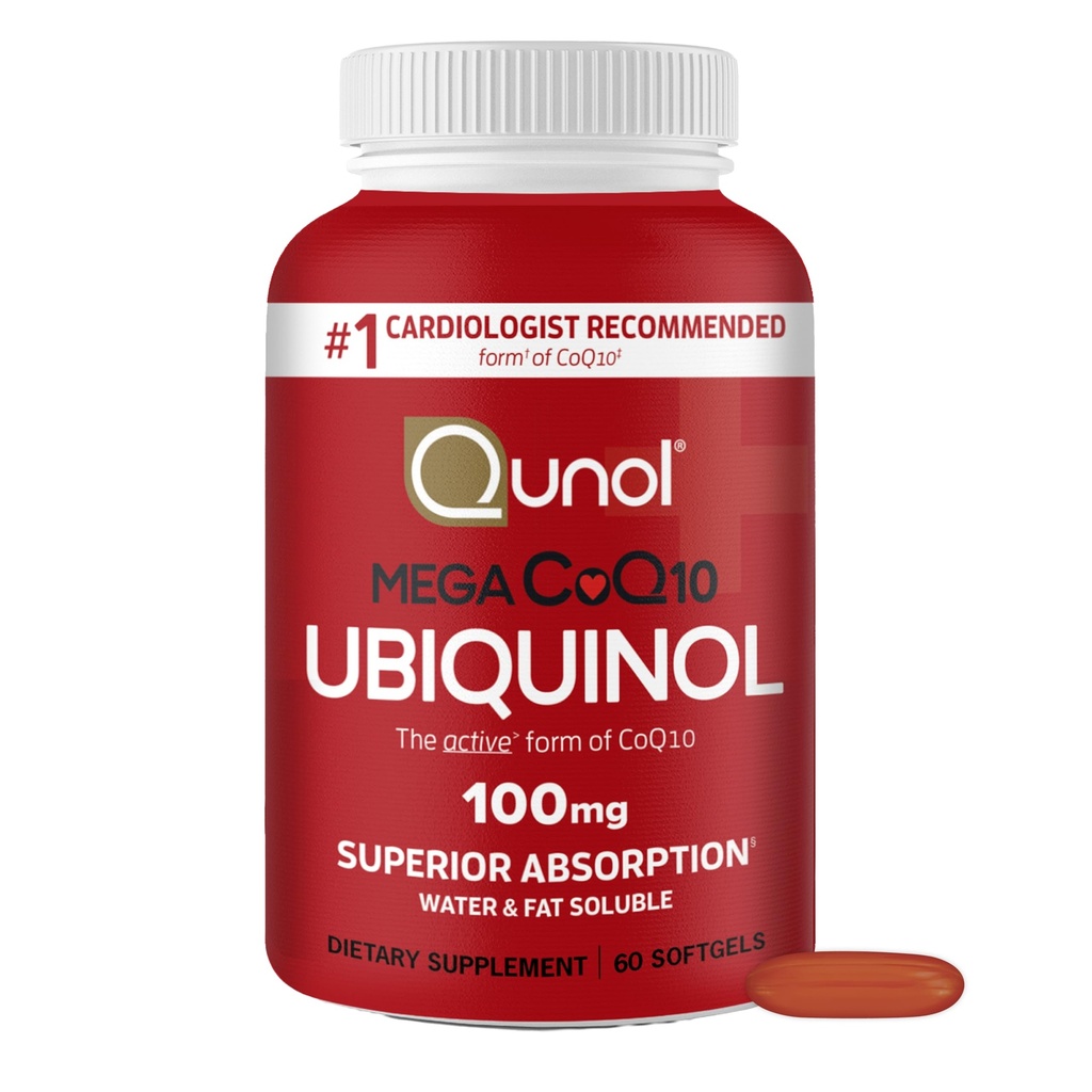 Qunol Ubiquinol CoQ10 100mg Softgels, Qunol Mega Ubiquinol 100mg - Assorbimento Superiore - Forma attiva di Coenzyme Q10 per la salute del cuore - 2 mesi di alimentazione - 60 conte