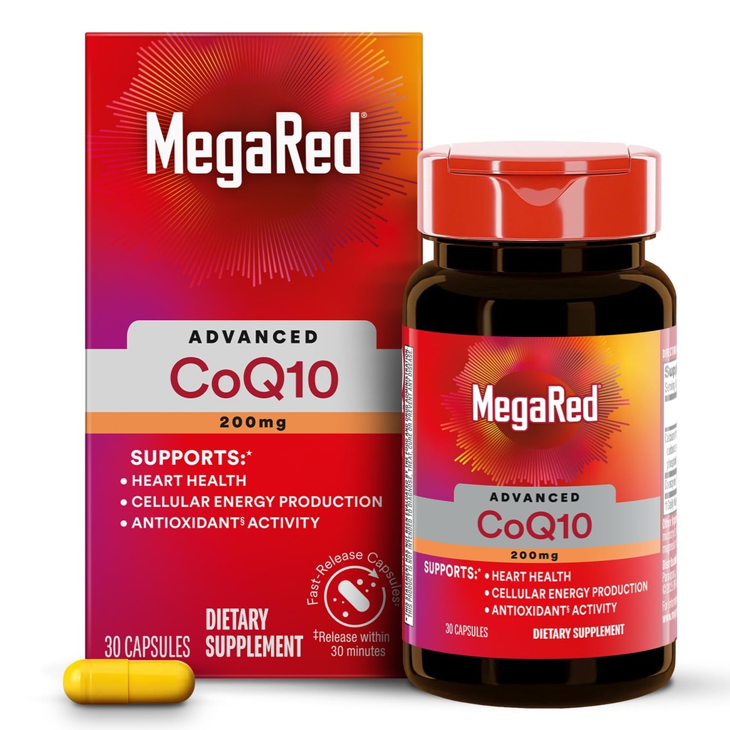 MegaRed Advanced CoQ10 Integratori- 200mg Per Serving, potente antiossidante che supporta la produzione di energia cellulare e protegge contro i radicali liberi*- 30 capsule Coenzyme Q10, 30 Serve