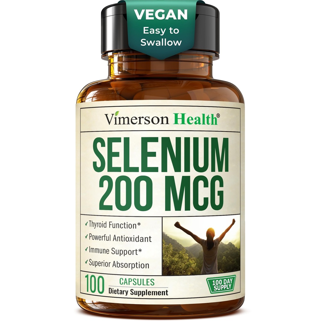 Selenio 200 mcg capsule – Integratore di selenio ad alta potenza per tiroide, Antiossidante e supporto immunitario – Integratori minerali essenziali L-Selenometionina altamente biodisponibili – Vegan, 100 capsule