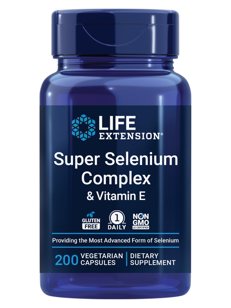 Complesso Super Selenio, 200 mcg – 3 Forme di Selenio, Vitamina E – Assistenza Cellulare Salute & Longevità – Senza glutine, Non OGM, Vegetariano, 1 Giornaliero – 200 Capsule
