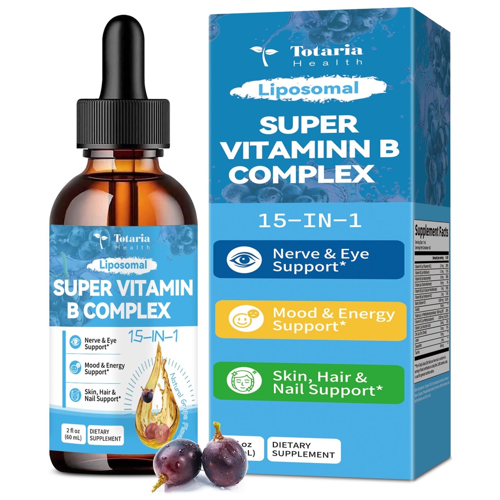 15-in-1 Vitamina Liposomal B Complex Pro, Gocce Complesso B senza zucchero con B1, B2, B3 Niacinamide, Choline, B5, B6, B7 Biotin, Inositol, Folate, B12, Zinco, Lutein, Zeaxanthin, Taurine & Vit. C, 2 fl oz
