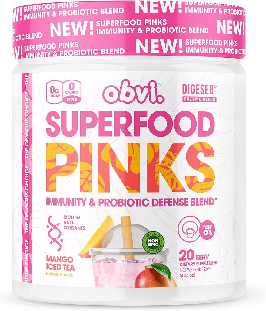 Obvi Superfood Pinks Probiotic Blend | Ricco di Antiossidanti, Adaptogens, Digestive Enzyme Blend, Supporto immunitario, Gut Health | Keto, Gluten-Free, No Sugar, 10 miliardi di CFU | Mango Iced Tea, 20 Serve