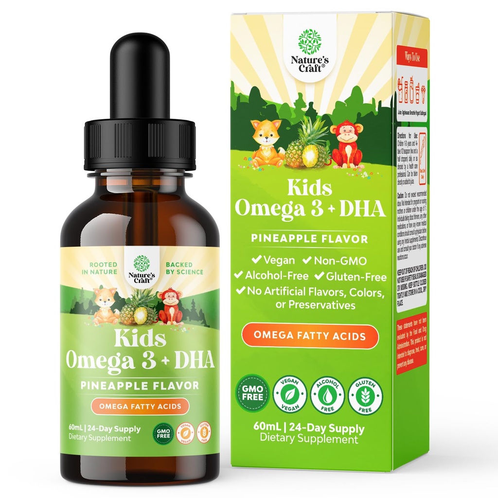 DHA Omega 3 gocce - acidi grassi Omega 3 6 9 per cervello, resistenza immunitaria e visione - DHA nutrizionale per bambini per il sistema nervoso sano e supporto di messa a fuoco - Supplemento liquido con EPA & ALA - 2 Fl Oz