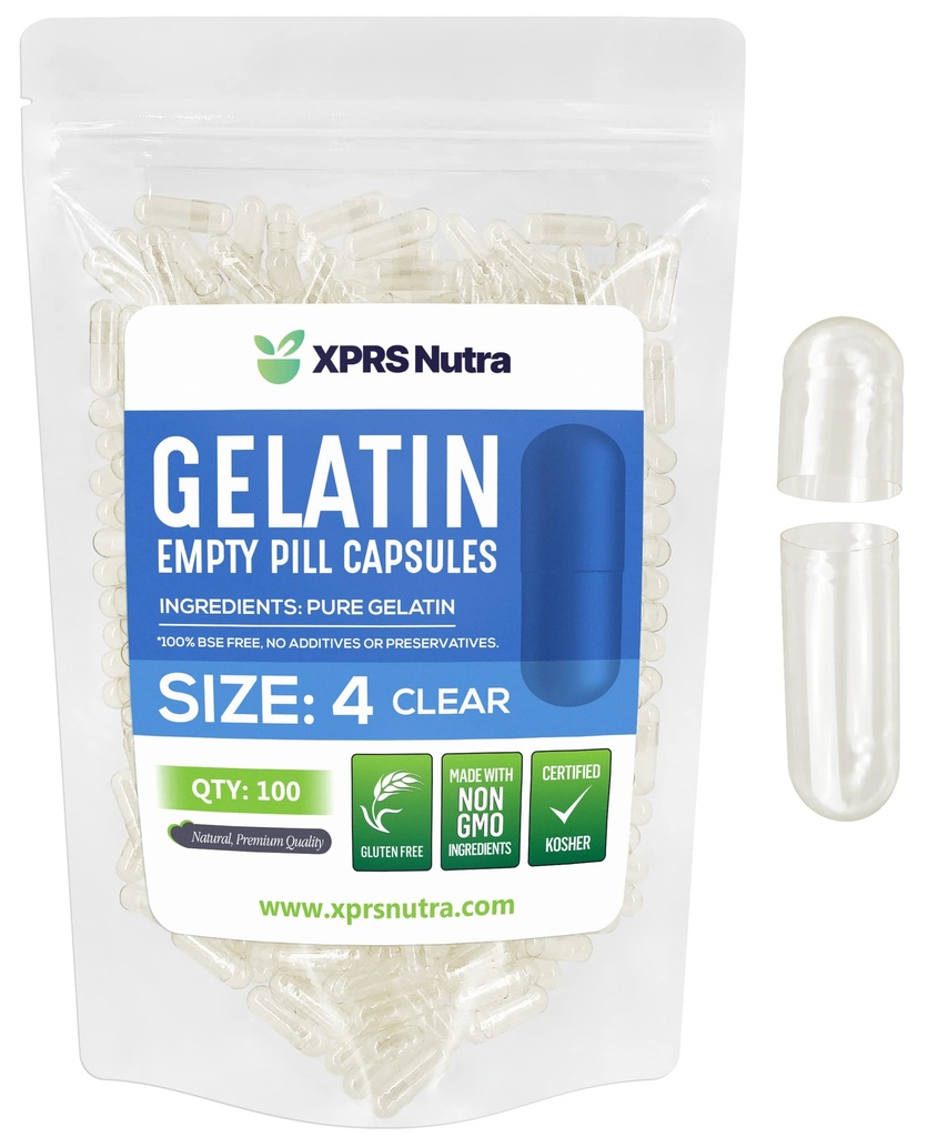 XPRS Nutra Size 4 Capsule Vuoti - 100 Contare Piccole Capsule Gelatine Vuote - Pillole Riempimento Capsule fai-da-te - Fillable Pure Bovine Pill Gel Caps per Do-It-Yourself Supplements