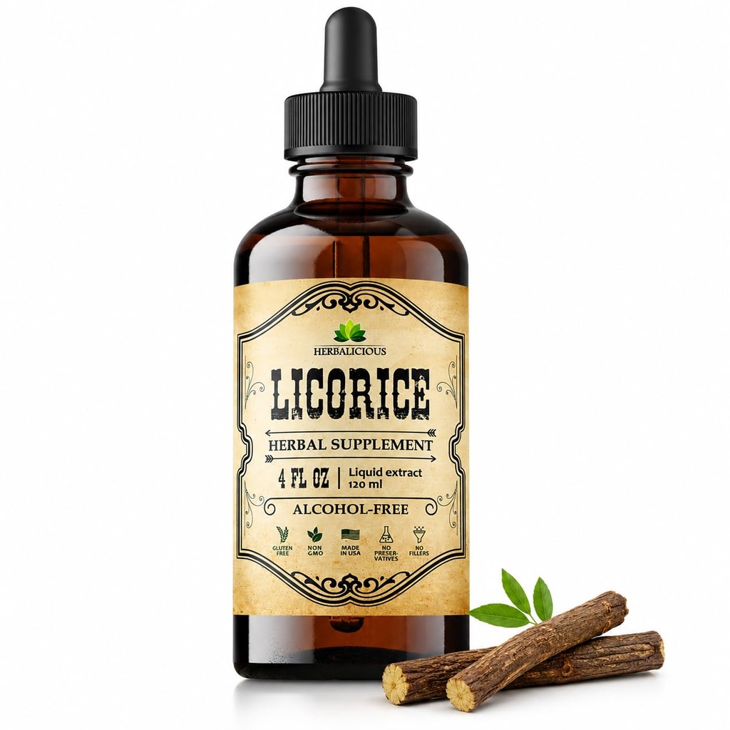 Estratto di radice di liquirizia HERBALICIOUS (Glycyrrhiza glabra) – Estratto di erbe liquido organico, 4 fl oz – Vegan, Non OGM, Senza glutine