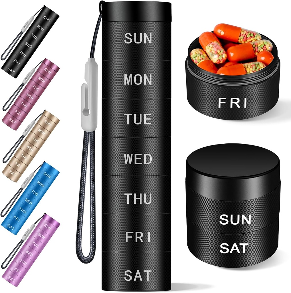 Organizzatore di pillole di viaggio in alluminio, Caso di vendita calda in metallo,Pill Holder, Moisture Proof impermeabile Daily Pill Box 7 giorno, Grande contenitore di pillole per tenere vitamine,Medicazione,Supplements 【Black Knurlings