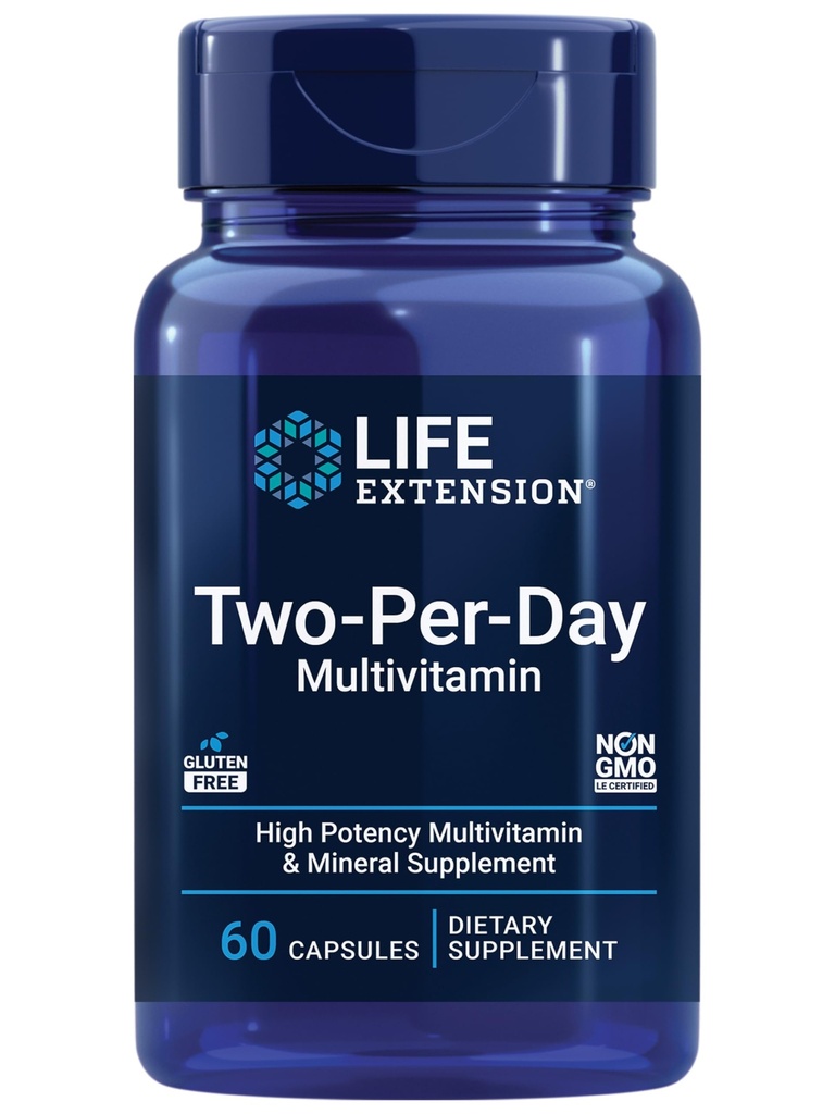 Estensione della vita Multivitamina di due giorni - per cuore, cervello, vaso di sangue e salute cellulare – Vitamine e minerali essenziali per il benessere - Due al giorno - senza glutine – non OGM – 60 capsule