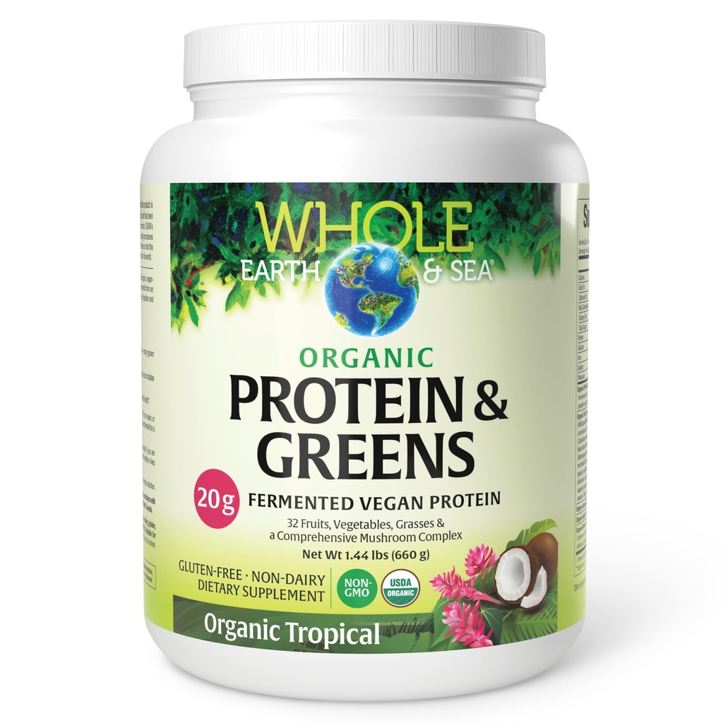 Tutta la Terra e il mare da Fattori Naturali, Proteine Fermentate Organiche & Greens, Integratore Alimentare Tutto Vegano, Tropicale, 1lb 7.3 Oz