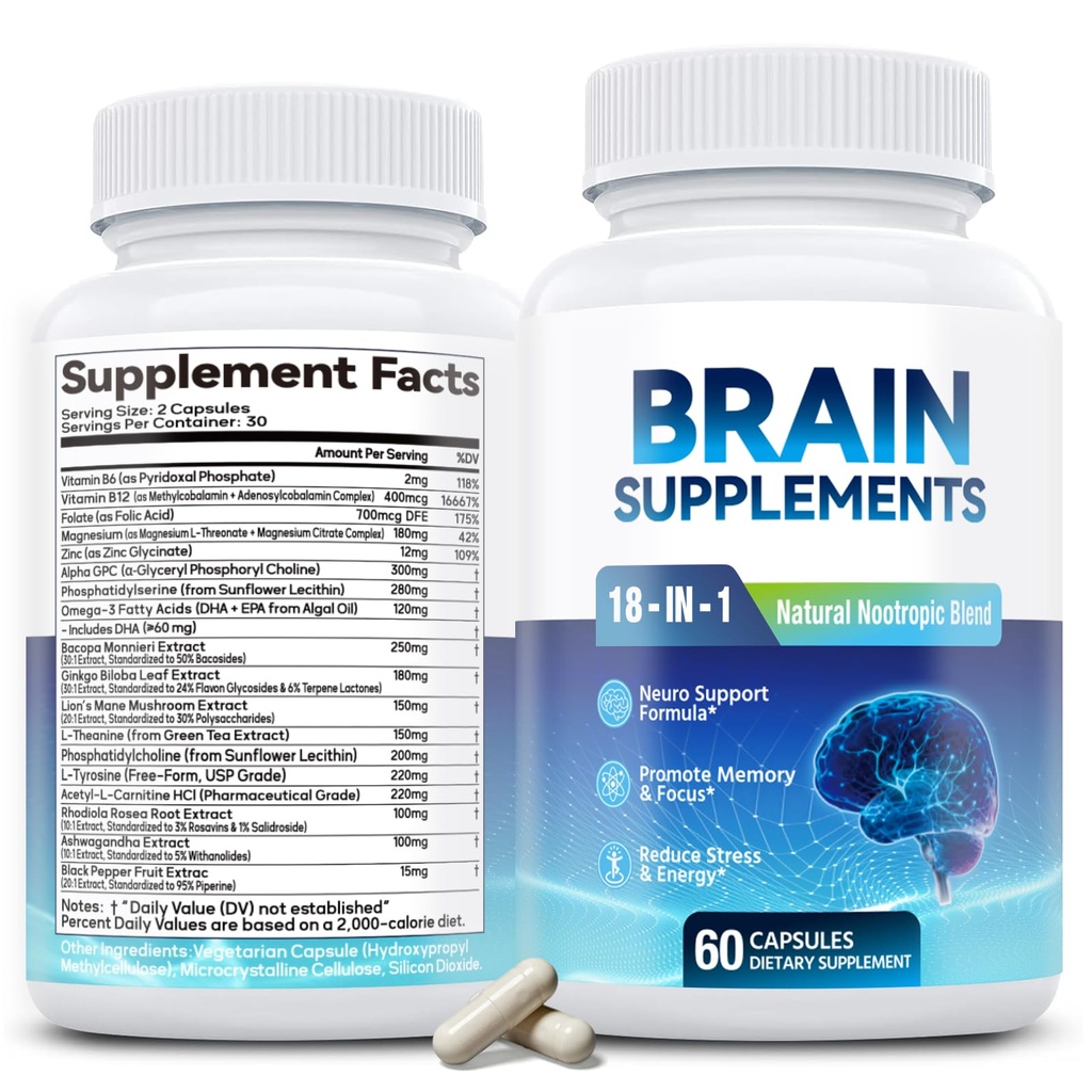 18-in-1 Brain Supplemento per memoria e messa a fuoco – Capsule Nootropic con Alpha GPC, Bacopa, Ginkgo Biloba, Lion's Mane, Vitamina B6 & B12 | Salute cognitiva, Clarity mentale | Vegan, Non OGM
