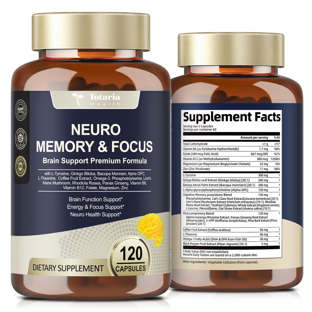 Totaria Brain Integratori per Memoria e Focus, Salute del cervello con L-Tyrosine, Alpha GPC, Ginkgo Biloba, Bacopa Monnieri, Nootropic Cognitive Support - Non-GMO, Gluten Free (120 Conti)