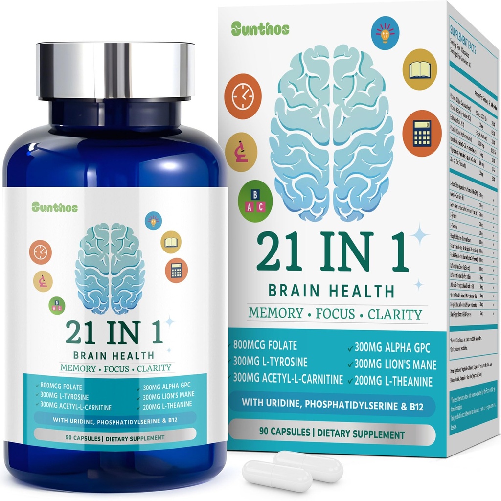 Integratori cerebrali per memoria e messa a fuoco, 21-in-1 Brain Supplemento per allerta mentale, cognitivo con 300mg Alpha-GPC, 300mg Lion’s Mane, L-teanina, Phosphatidylserine, Vitamine B6 B12, 90 Capsule