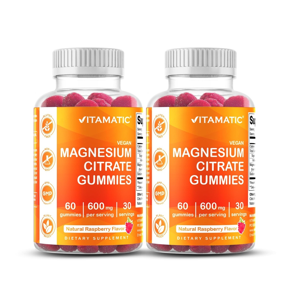 Vitamatic Magnesio Citrato Gummies 600mg per Serving - 60 Count - promuove il rilassamento sano, muscolo, ossa, & supporto energetico (Pack of 2)