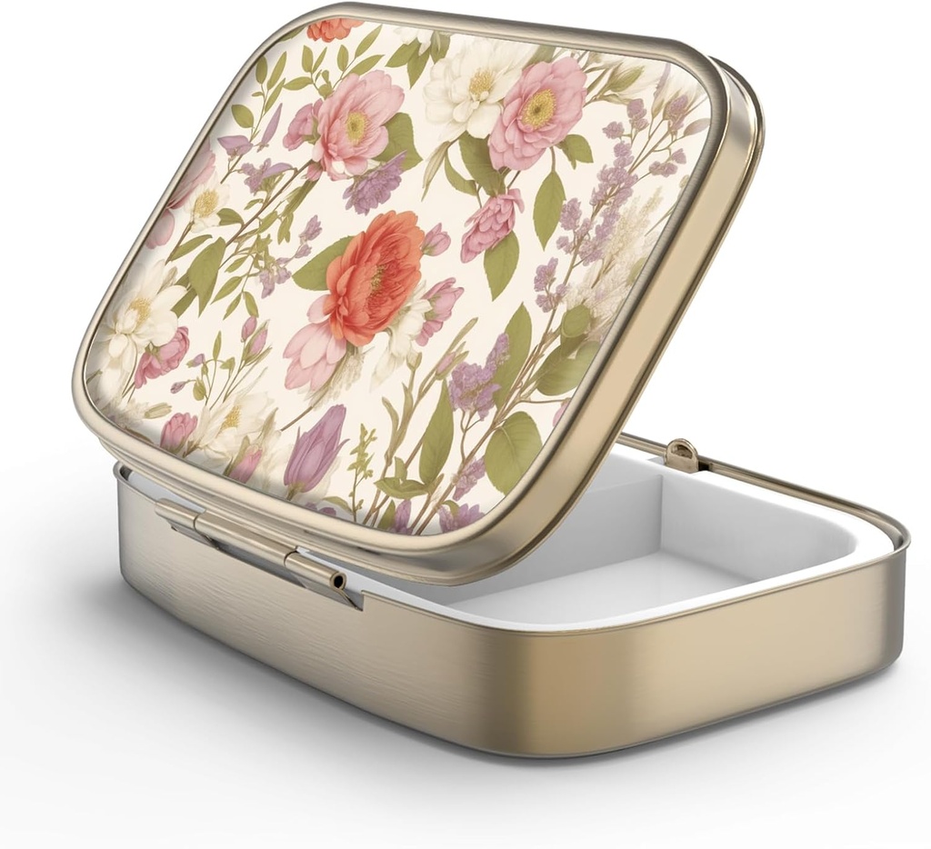Pillola Case Pill Box con Specchio Retro 2 scomparti Piccolo Pillola Case per Purse o Pocket Bronze Rettangolare Pillola Box o Vitamine, Olio di Pesce, Supplementi, Pillola Containe Regali di viaggio(Fiori rossi Retro)