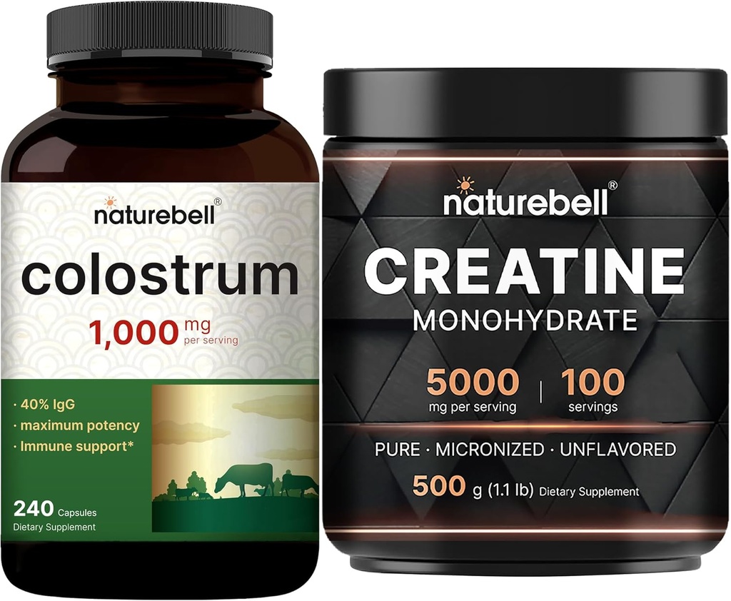 NatureBell Creatine Monohydrate Powder & Colostrum 240 Capsule 1,000mg Per Serving Bundle Pack | ad alto assorbimento Creatina micronizzata | Prima Latte di Madre da Grass Fed Bovine