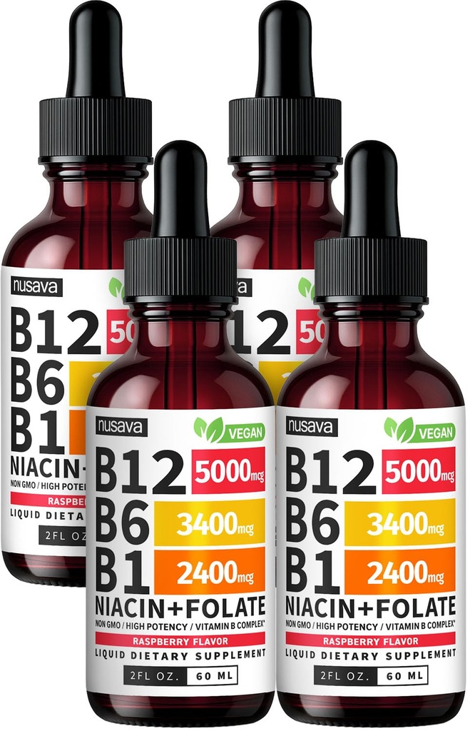 (4 Pack) Vitamina B12 e B6 Gocce liquide, B12 Complesso di vitamina B sublinguale - B 12 vitamina 5000mcg - B12 Methylcobalamin per energia, cervello e supporto cardiaco con 27.200 mcg, lampone, 80 Servings