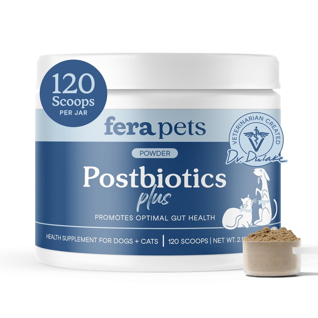 Fera Animali Postbiotici Plus Prebiotici per Cani e Gatti - con Slippery Elm - Promuove la salute digestiva ottimale e la risposta infiammatoria - Migliora l'immunità - 120 Scoops