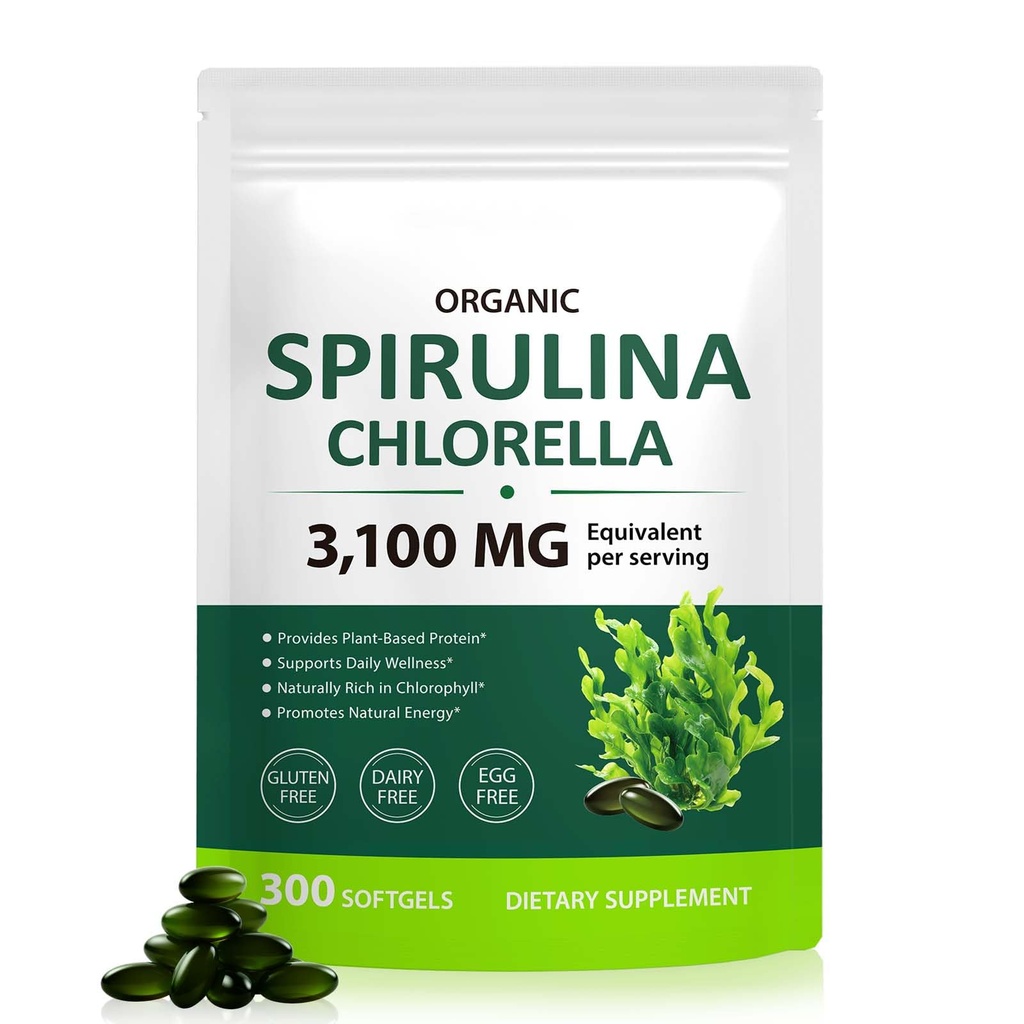 Tiuedu Spirulina Chlorella Softgels 300 capsule, 17 in 1 Green Nutrient Blend Spirulina Chlorella Softgels,Rich in Plant Protein, Vitamine, Chlorophyll, Facile da prendere Softgel