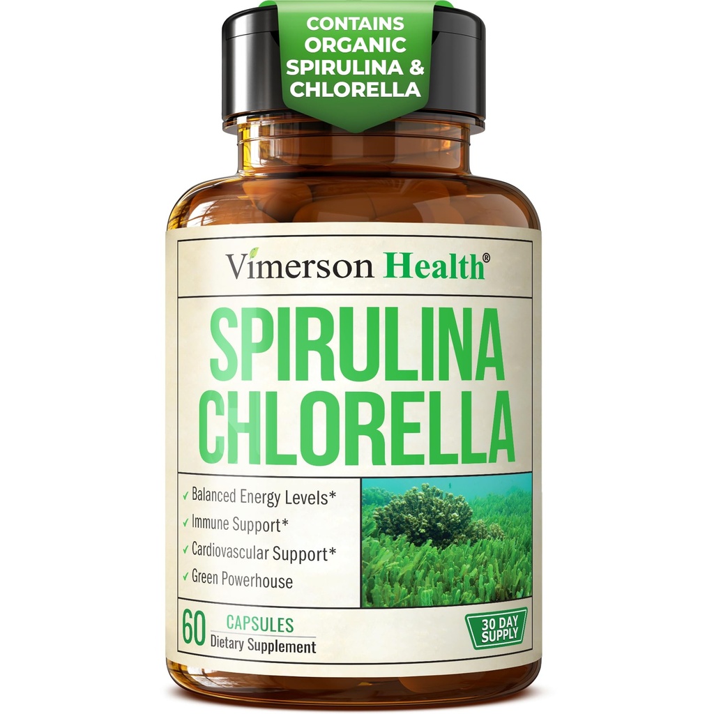 Estratto di Spirulina Organica e Clorella - Capsule Spirulina con Polvere di clorella per Immune, Antiossidante & Energy Support. Super Green nutriente. Vegan & Non OGM. Terza Parte Testata. 60 tappi
