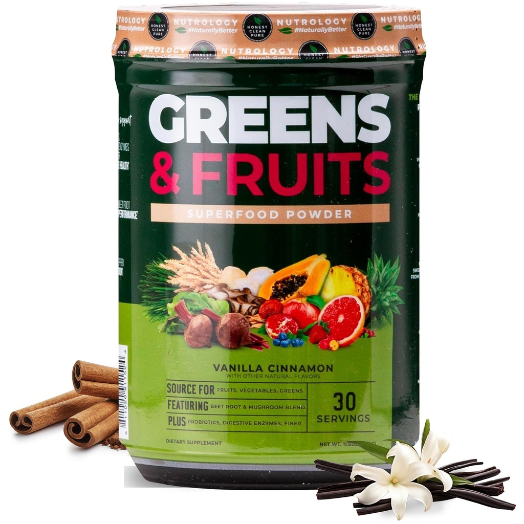 Nutrologia Greens & Fruits Powder-Naturally Sourced Superfood, Beet Powder, Mushroom Blend, Probiotics, Enzimi Digestivi, Fibra, Antiossidanti, Supporto Immune, Gluten Free - Vanilla Cinnamon