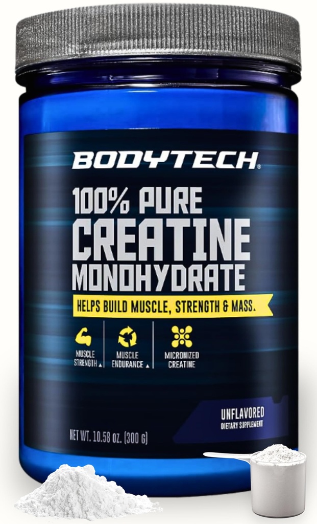 BodyTech Creatina monoidrato polvere, formula di creatina micronizzata non aromatizzata per uomini e donne, 5g per porzione, pre allenamento e post allenamento supplemento, senza glutine, senza zucchero, 10.58 Oz, 60 Servings
