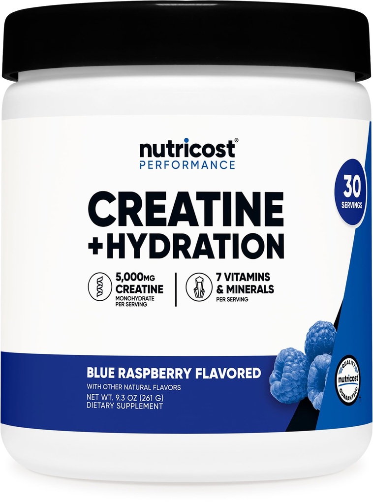 Nutricost Creatina Monoidrato + Idratazione Blu Lampone Aroma (30 Serve) - 7 Vitamine & Minerali, 5000mg di Creatina Per Serve