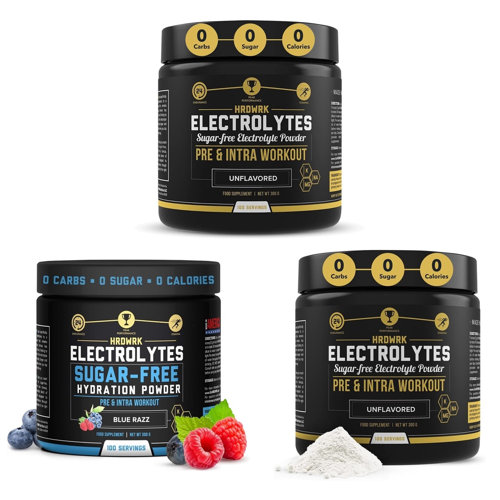 HRDWRK - 100 Serve Keto Electrolytes Polvere Hydration Sugar Free - Polvere elettrolita per aumentare l'eccedenza & ridurre la fame con Electrolytes Supplement (Set non aromatizzato di 2 & Blue Razz)