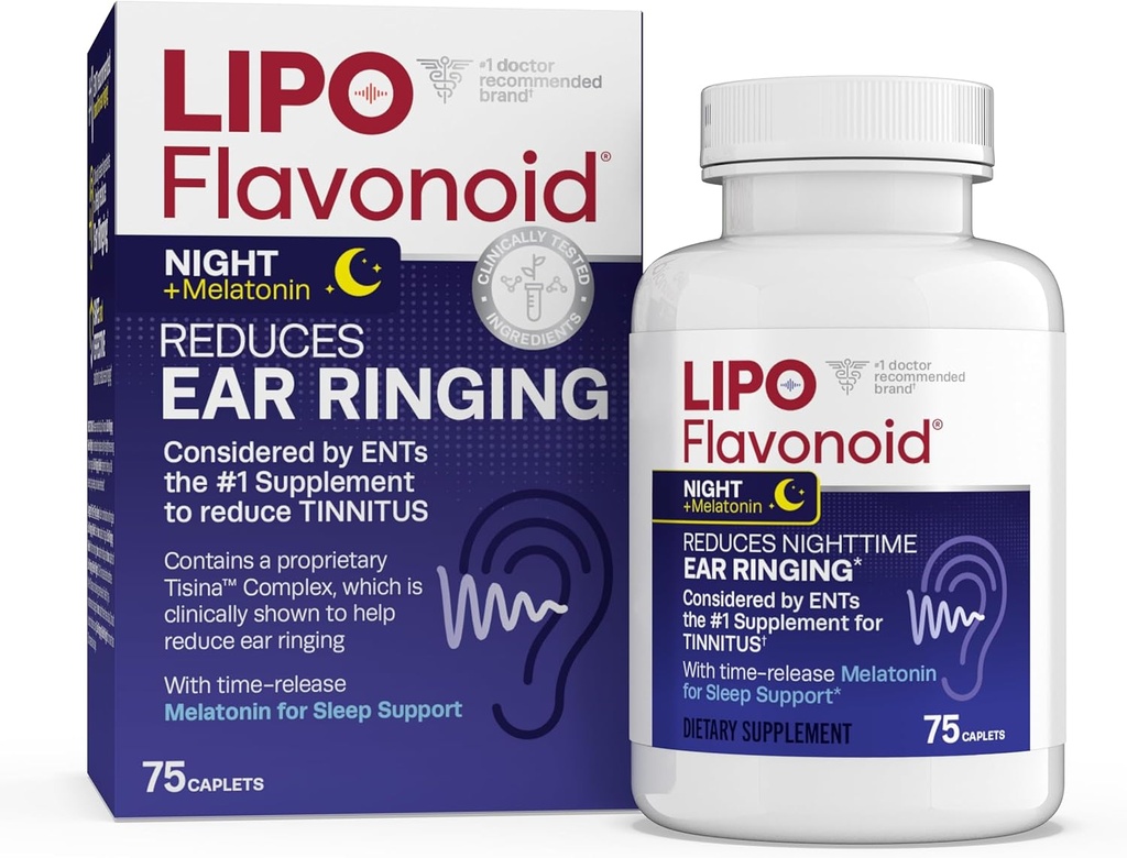 Lipo-Flavonoid Nighttime PM per il sollievo di acufene - Sleep Aid with Melatonin, Bioflavonoids, & Vitamina C - Ringing in the Ears, Ear Health, & Relax - Utilizzare con Lipo-Flavonoid Plus - 75 Caplets