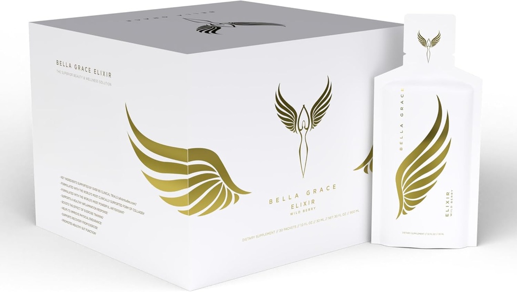 Bella Grace Elixir Collagen Peptides Supplemento per la cura della pelle e la salute con Verisol Collagen, AstaReal Astaxanthin e Claw del gatto, Supporta la rigenerazione del collagene, Protezione antiossidante, 30 Servings
