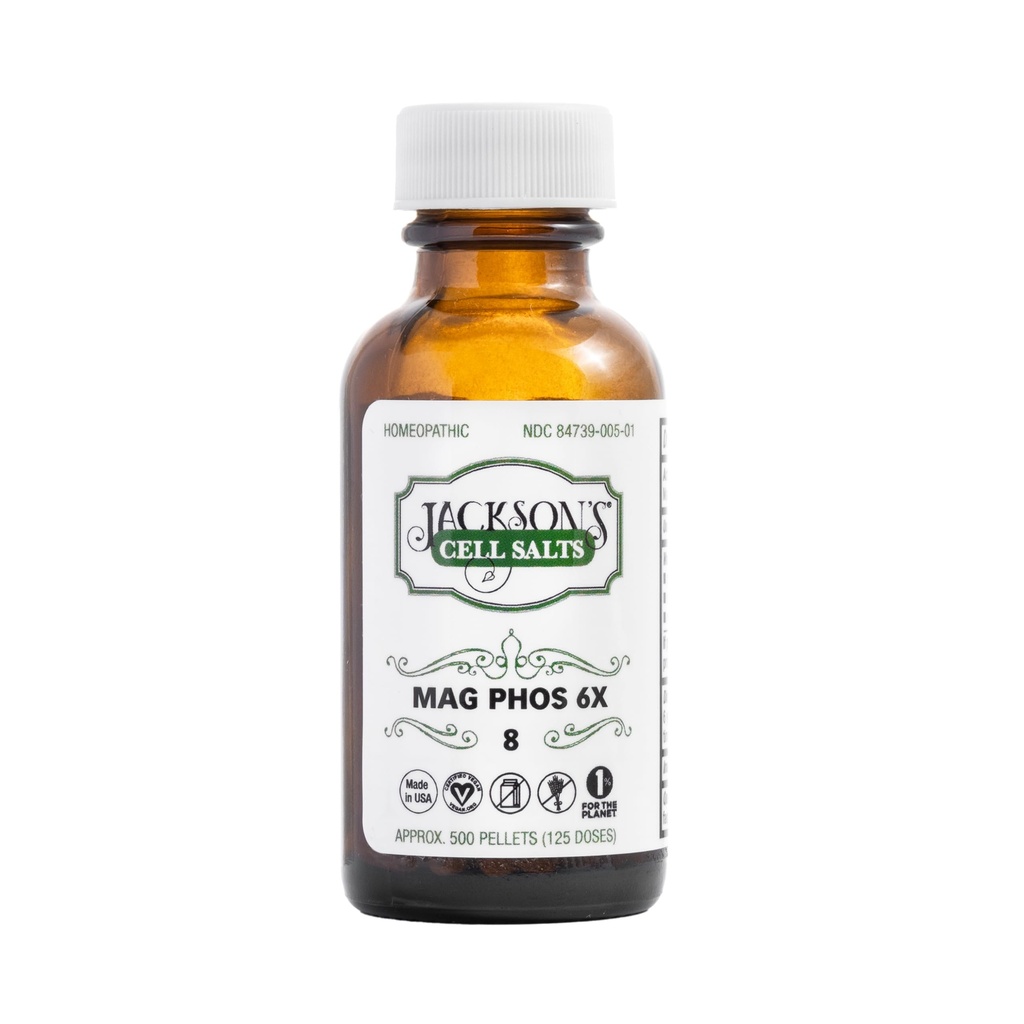 Jackson's #8 Cell Salt Mag Phos 6X (500 Pellet Bottiglia) – Certificato Vegan, Lactose-Free Schuessler Tissue Salt Magnesia Phosphorica 6X