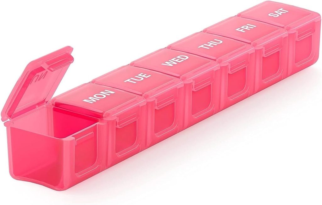 Sukuos Extra Large Weekly Pill Organizer, 7 giorni scatola di pillola quotidiana caso artrite amichevole, Silkscreen stampato contenitore di medicina con coperchio trasparente per vitamine, oli di pesce o integratori (Pink)