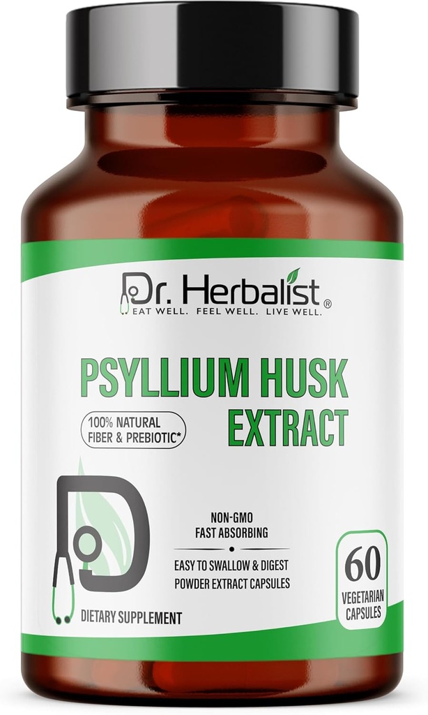 Dr. HERBALIST Psyllium Husk Extract 1000mg Per Serving (Plantago Ovata Fiber Supplement)– 60 capsule di Veg – Assorbimento veloce, Gentle on Stomach, Supports Digestion & Daily Fiber.