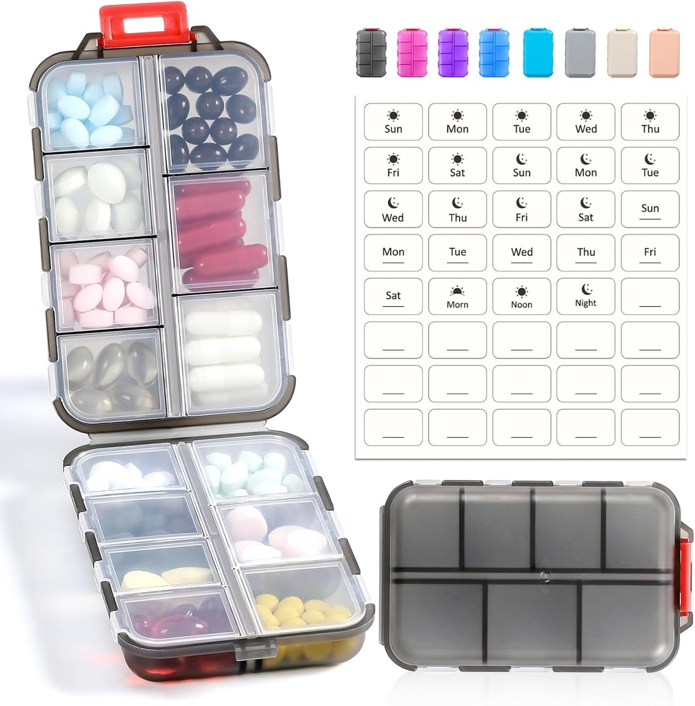 14 GRIDS Travel Pill Organizer Box con Etichette - Travel Medicine Case Kit - Pocket Daily Pharmacy Container - Dispenser per il supporto di farmaci da viaggio per la conservazione del supplemento di vitamina di olio di pesce - Clear Gray
